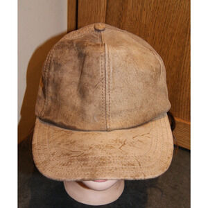 Vintage 90s Mens Tan Genuine Leather 6 Panel Strapback Hat Cap USA Made